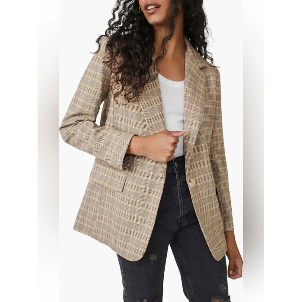 NWT Free People Crosby‎ Plaid Blazer Sz Large In WINTER WHEAT